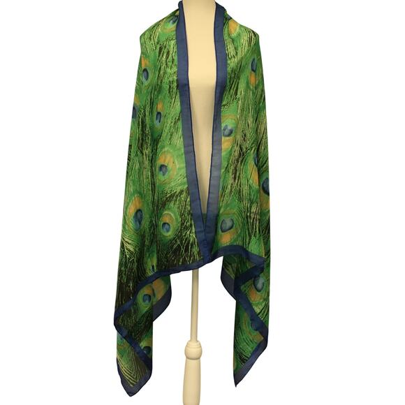 unknown Accessories - 100% Silk Scarf Peacock Feathers Blue Green Beautiful 70x36